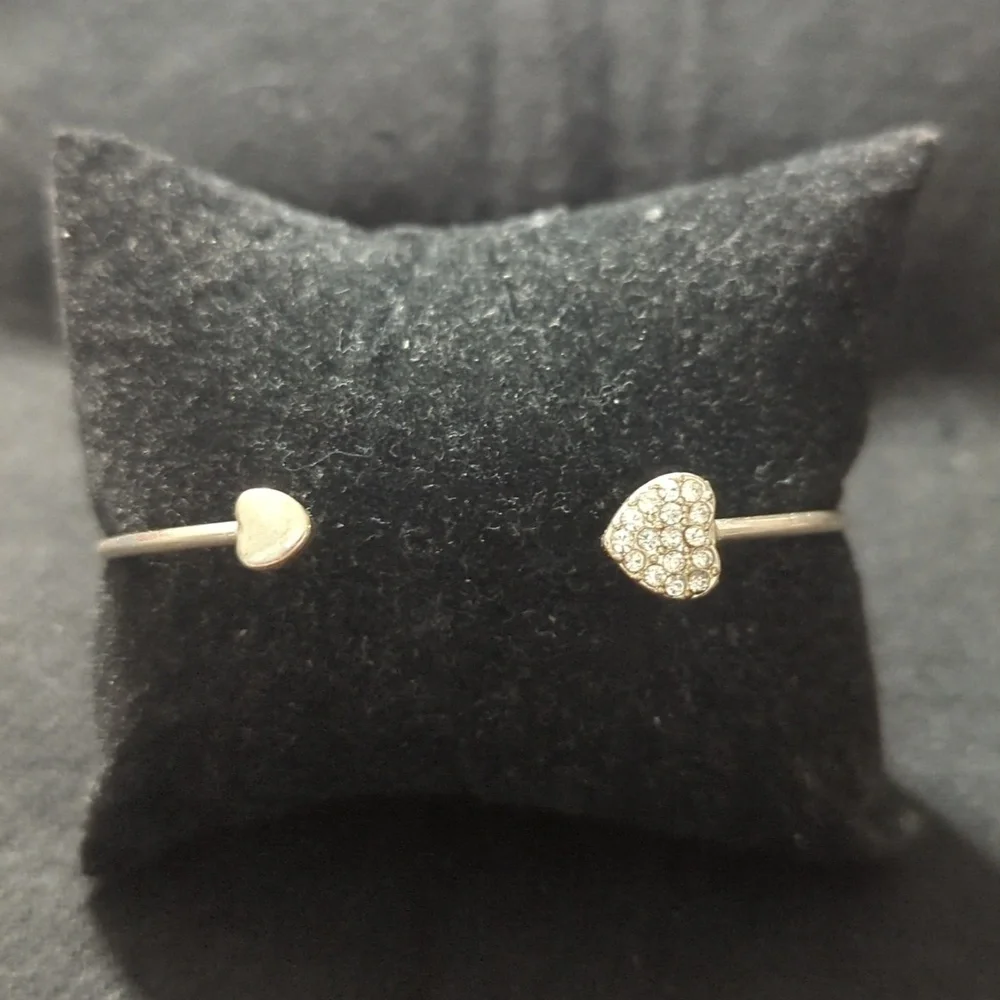 Silver Tone Clear Rhinestone Heart Cuff Bangle Statement Bracelet